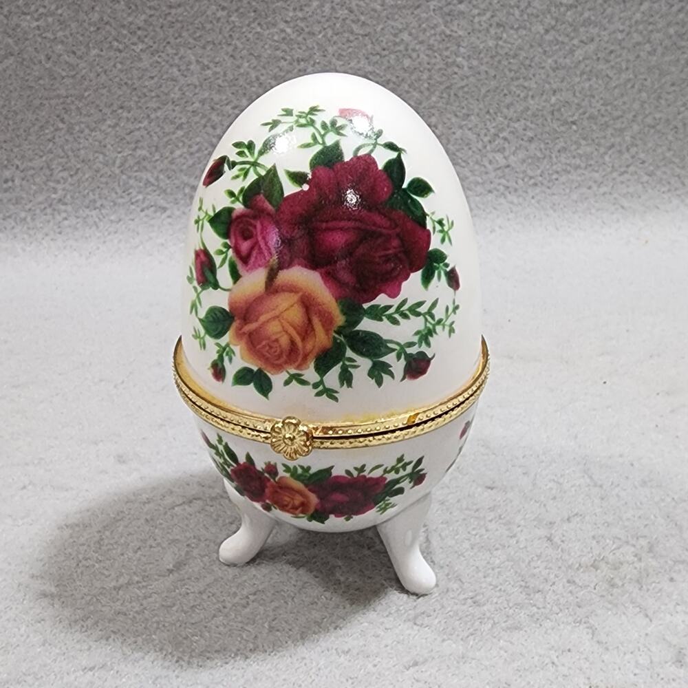 Red Orange Floral Roses Decorative Porcelain Glass Egg Footed Hinged Trinket Box